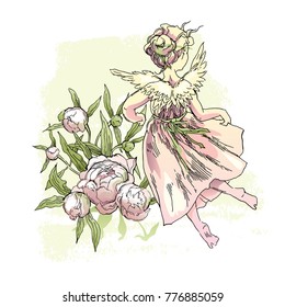 Angels with peony flowers. Hand drawn artwork. Romantic illustration.