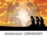 Angels and People United in Devotion at a Radiant Sunset