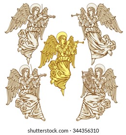 Angels playing music in three colors on a white background