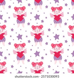 Angels and purple hearts, Valentine's Day, Scandinavian style, perfect for fabric, wrapping paper, textile, baby bedding, wallpaper, pajamas.