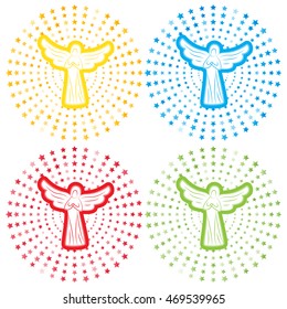 Angels in radial star background. Set of colored backgrounds. For design of covers, printing on fabric or paper