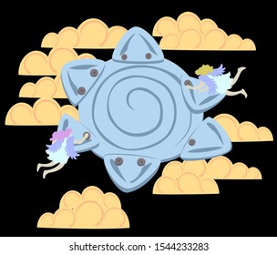 Angels are repairing a guiding star before Christmas. Holiday card. EPS10 vector illustration.