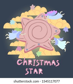 Angels are repairing a guiding star before Christmas. Funny holiday card. EPS10 vector illustration.