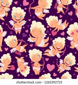 Angels seamless pattern. Love valentines day pink hearts cute angels with bow vector cartoon characters background