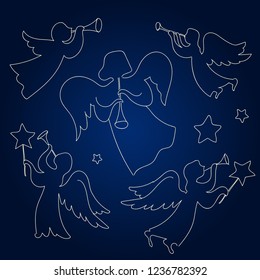 Angels. Set of vector images. Linear drawing.