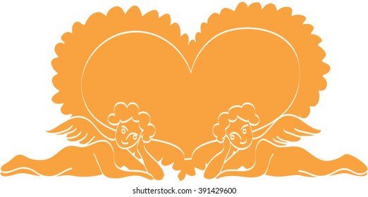 Angels shaped frame with babies silhouette and heart. Photo frame illustration