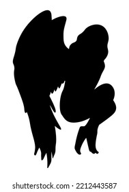 Angel's silhouette isolated on white background vector illustration. Woman with wings lies in the fetal position. Shadow of angel with folded wings. Lonely angel. 