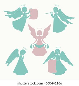 Angels with simple wings and nimbus on a light background. Beautiful applique. Abstract design. Pink and green angel silhouettes with Scroll for text. Isolated angel figurines.