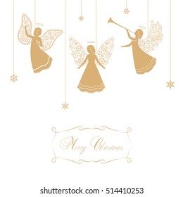 Angels with simple wings on a white background. Golden isolated angel silhouettes and snowflakes hanging on a cord. Merry Christmas text.