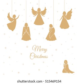 Angels with simple wings on a white background. Golden isolated angel silhouettes and snowflakes hanging on a cord. Merry Christmas text.