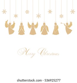 Angels with simple wings on a white background. Golden isolated angel silhouettes and snowflakes hanging on a cords. Merry Christmas text.