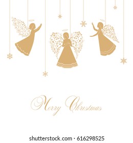 Angels with simple wings on a white background. Golden isolated angel silhouettes and snowflakes hanging on a cord. Merry Christmas text. Beautiful applique. Abstract design. Isolated vector objects.