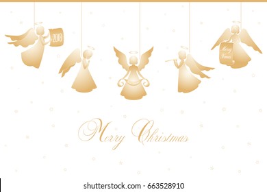 Angels with simple wings on a white background with stars. Abstract design. Angel silhouettes with Scrolls Merry Christmas 2018. Isolated angel figurines.