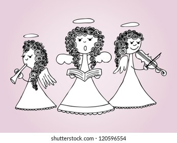 Angels singing and playing carols. Hand drawn vector illustration.