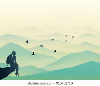 angels sitting on the rock and looking at the pigeons flying above the tranquil hills, vista landscape , early morning in mountains, vector