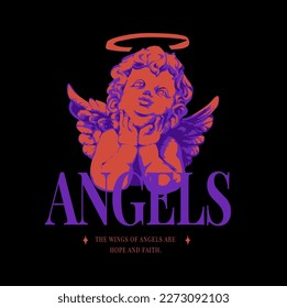 angels slogan with baby angels statue graphic vector illustration on black background
