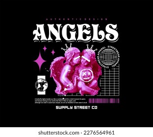 angels slogan with baby angels statue graphic vector illustration on black background for streetwear and urban style t-shirts design, hoodies, etc