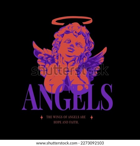 angels slogan with baby angels statue graphic vector illustration on black background