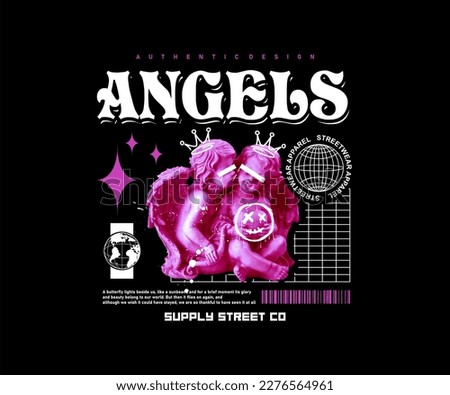 angels slogan with baby angels statue graphic vector illustration on black background for streetwear and urban style t-shirts design, hoodies, etc