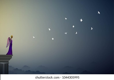 angels standing and looking at the pigeons flying away, dreamland landscape, vector