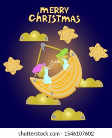 
Angels swing on the moon before merry christmas. Holiday card with wooden stars and golden clouds. EPS10 vector illustration.
