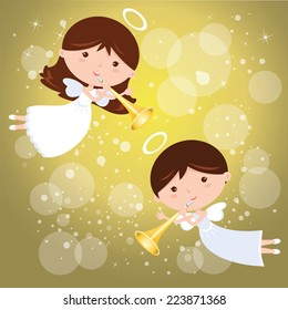Angels with trumpet. Little angels announcing with trumpet, on sparkles design elements background.