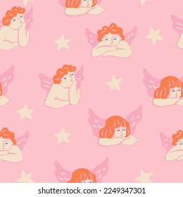 Angels vintage faces on pink background with stars seamless pattern in vector. Textile fabric design.