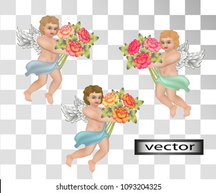 Angels vintage and flowers in vintage style  3D vector realistic isolated transparent white background images  flying cherubs and bouquets  children and white wings fluttering in the air 