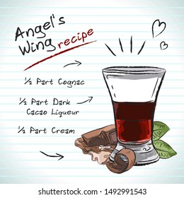 Angel's wing cocktail, vector sketch hand drawn illustration, fresh summer alcoholic drink with recipe and fruits	