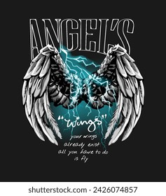 angel's wing slogan with wings and thunder vector illustration on black background created by hand drawn without the use of any form of AI software at any stage