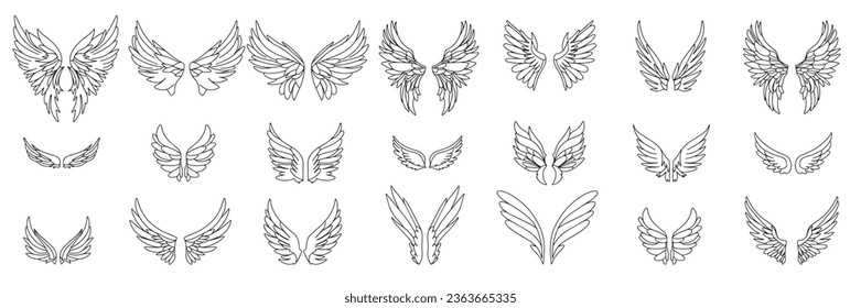 Las alas de Ángel en una colección de estilo doodle aisladas en fondo blanco. Areas delineadas a mano. Ilustración vectorial.