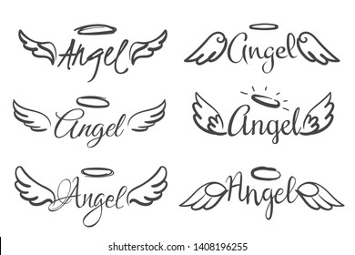 Angels wings emblems. Feather angel wing and halo, sketch feathers bird line tattoo. Hand drawn fantasy winged silhouettes vector isolated