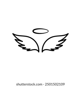 Angels wings with halo. Hand drawn vector feather angel. Handdrawn sketch feathers bird