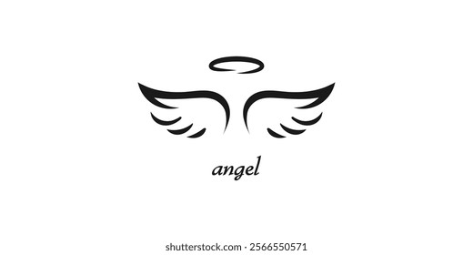 Angels wings with halo. Hand drawn vector feather angel. Handdrawn sketch feathers bird