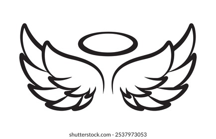 Angels wings with halo, Heaven. Angel feather wing, silhouette, Vector illustration.