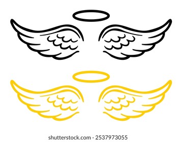 Angels wings with halo, Heaven. Angel feather wing, silhouette, Vector illustration.