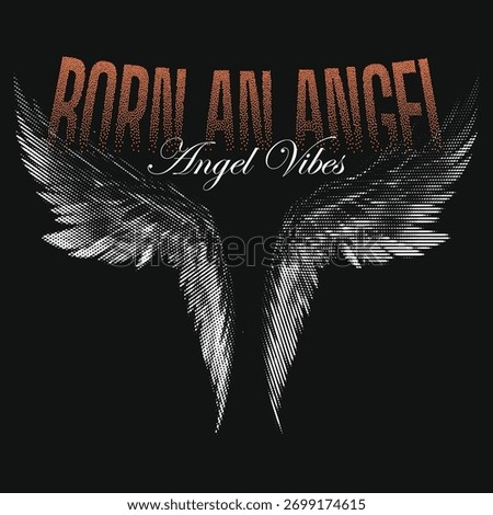 Angels' wings hand-drawn dotted line vector illustration t-shirt design. Wing a Rock n Roll, California, Los Angeles, Rock music print, grunge effect, tee stamp, artwork lettering vector 