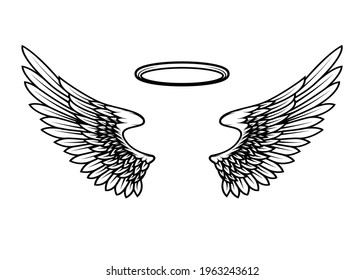 Angels wings with nimbus. Design element for poster, card, banner, t shirt. Vector illustration