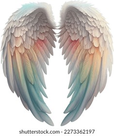 Angel's Wings Pastel Rainbow Illustration Clipart. Feather design element isolated on white background.