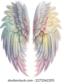 Angel's Wings Pastel Rainbow Illustration Clipart. Feather design element isolated on white background.