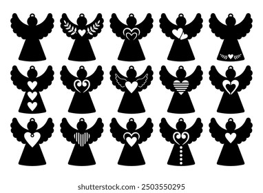 Angels with wings and patterns stencil templates for cutting, hand drawn vector.