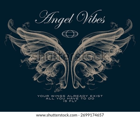 angel's wings print design, wing t-shirt design, women's slogan printed t-shirt design, hand-drawn dotted line, halftone style street art, for streetwear and urban style t-shirts design, hoodies,