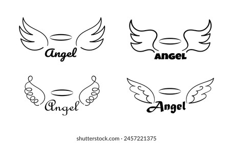 Angels Wings set with aureole. Doodle hand drawn logo. Wing and halo nimbus sketch tattoo contour. Collection of Vector illustration isolated on white background