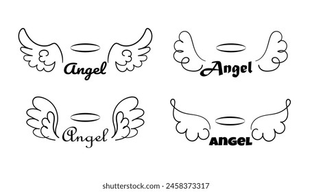 Angels Wings set with aureole. Doodle hand drawn logo. Wing and halo nimbus sketch tattoo contour. Collection of Vector illustration isolated on white background