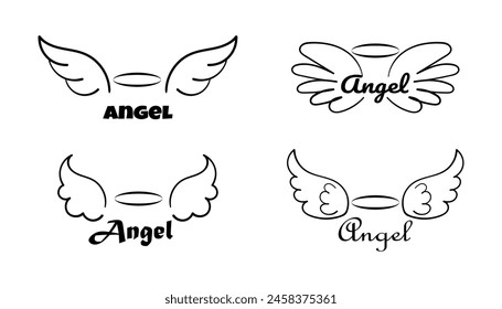 Angels Wings set with aureole. Doodle hand drawn logo. Wing and halo nimbus sketch tattoo contour. Collection of Vector illustration isolated on white background