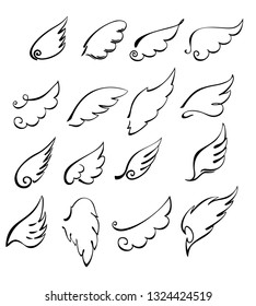 Angels wings set isolated on white background.  Hand drawn angel or bird wings. Monochrome drawing elements.