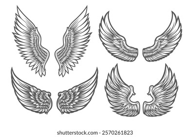 Angels Wings silhouette vector set, the wings set is ideal for logo, emblem, badge design. Versatile for art, heraldry, animal symbolism. Ranging from simple to intricate feather or scale details