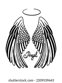 Angels wings vector illustration. Angel with wing and halo in doodle style. Hand drawn line sketch illustration with lettering.