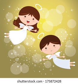 Angels.Vector illustration of two little dancing angels with sparkles design elements.