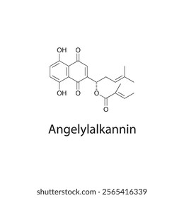 Angelylalkannin skeletal structure diagram.Naphthoquinone compound molecule scientific illustration.